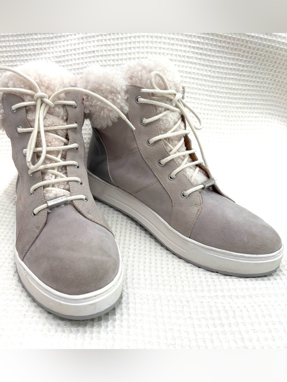 Donald J. Pliner Gray Suede Lace-Up Shearling High-Top Boots